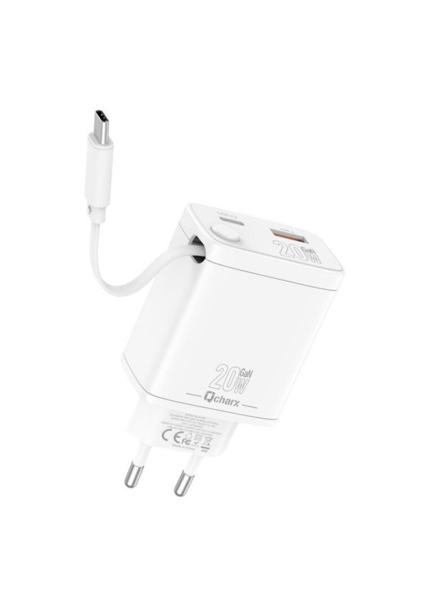 Qcharx Juno Cargador 3A 20W 2 Puertos USB + Tipo C + Cable Tipo C incorporado Blanco
