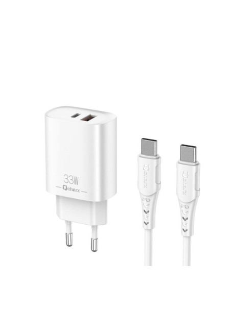 Qcharx Eros Cargador 3A 33W 2 Puertos Tipo C + 1 Puerto USB + Cable Tipo C a Tipo C Blanco
