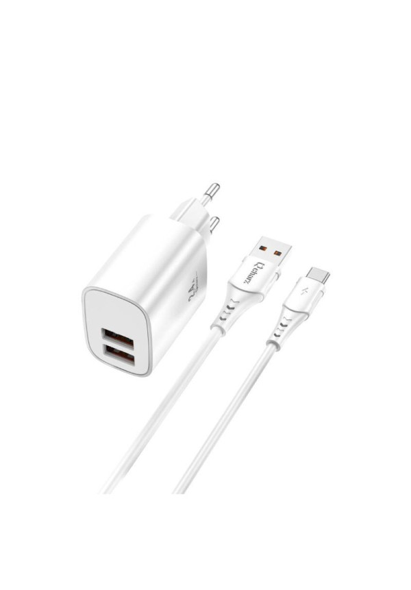 Qcharx Apolo Cargador 2,4A 12W 2 Puertos USB + cable USB a Tipo C Blanco